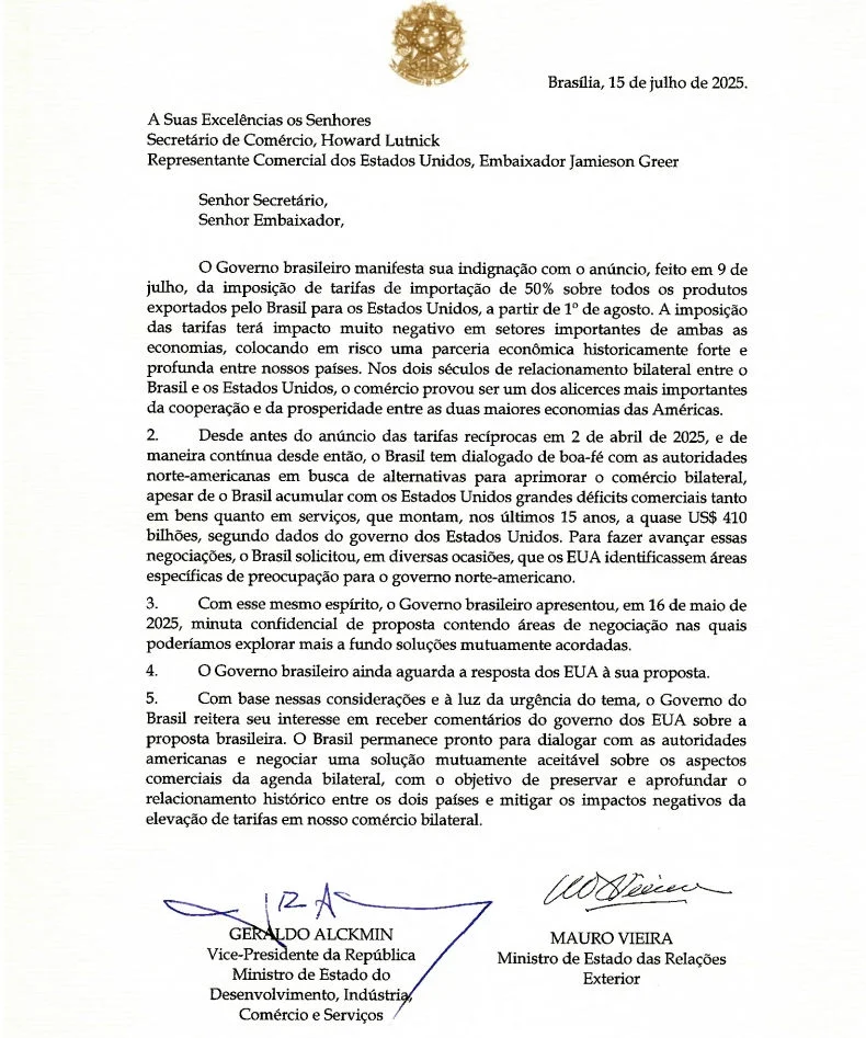 Envio de carta sobre tarifas dos Estados Unidos 