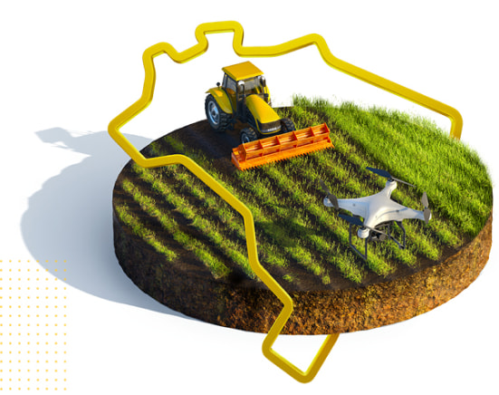 Imagem do relevo do Brasil com uma terra circular no meio relacionado a agro