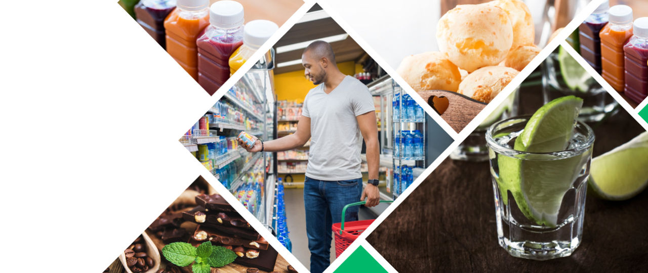 Conjunto de imagens recortadas geometricamente, exibindo alimentos, bebidas e um homem fazendo compras.