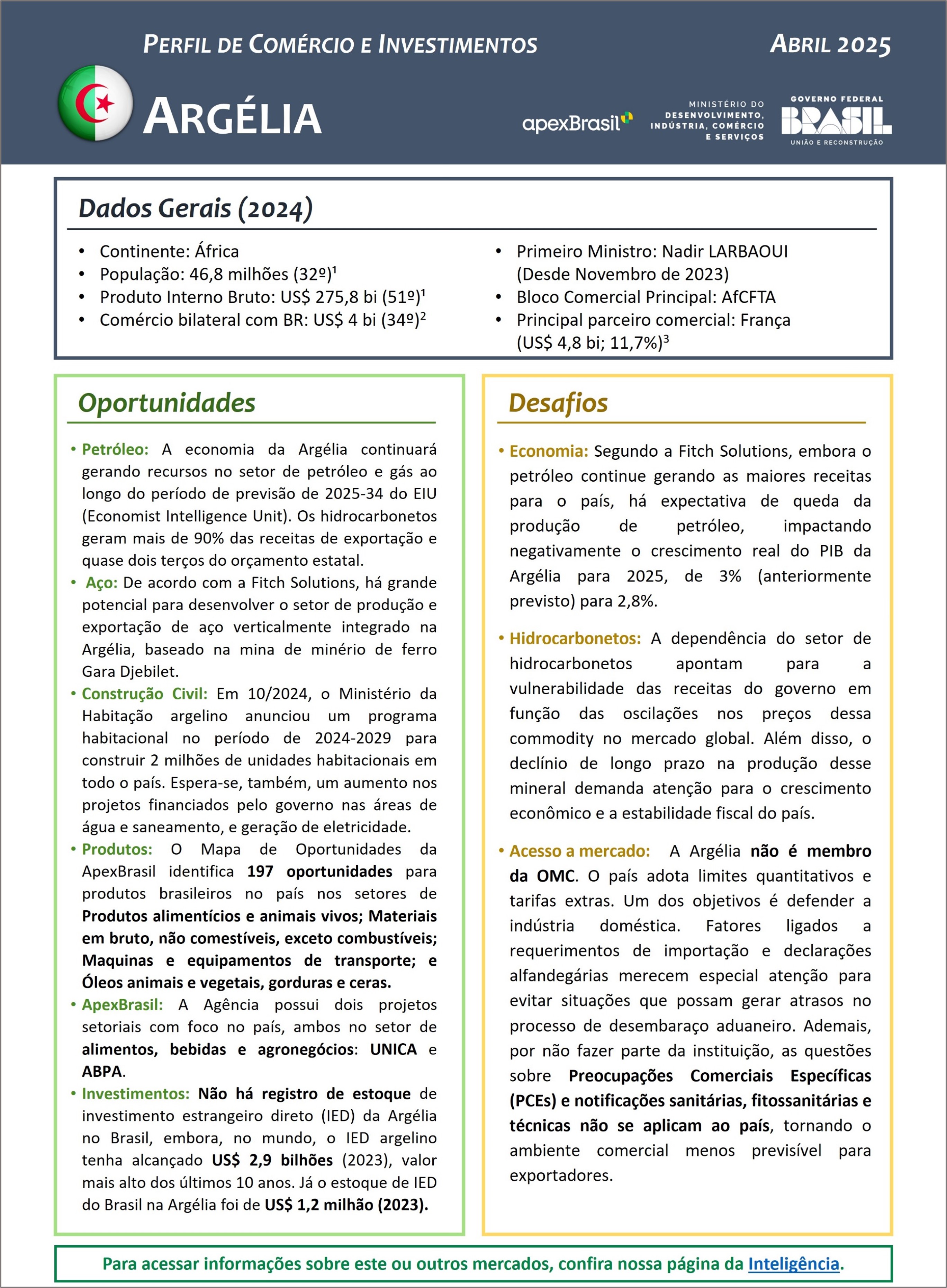 PERFIL DE COMÉRCIO E INVESTIMENTOS - ARGÉLIA - 2025
