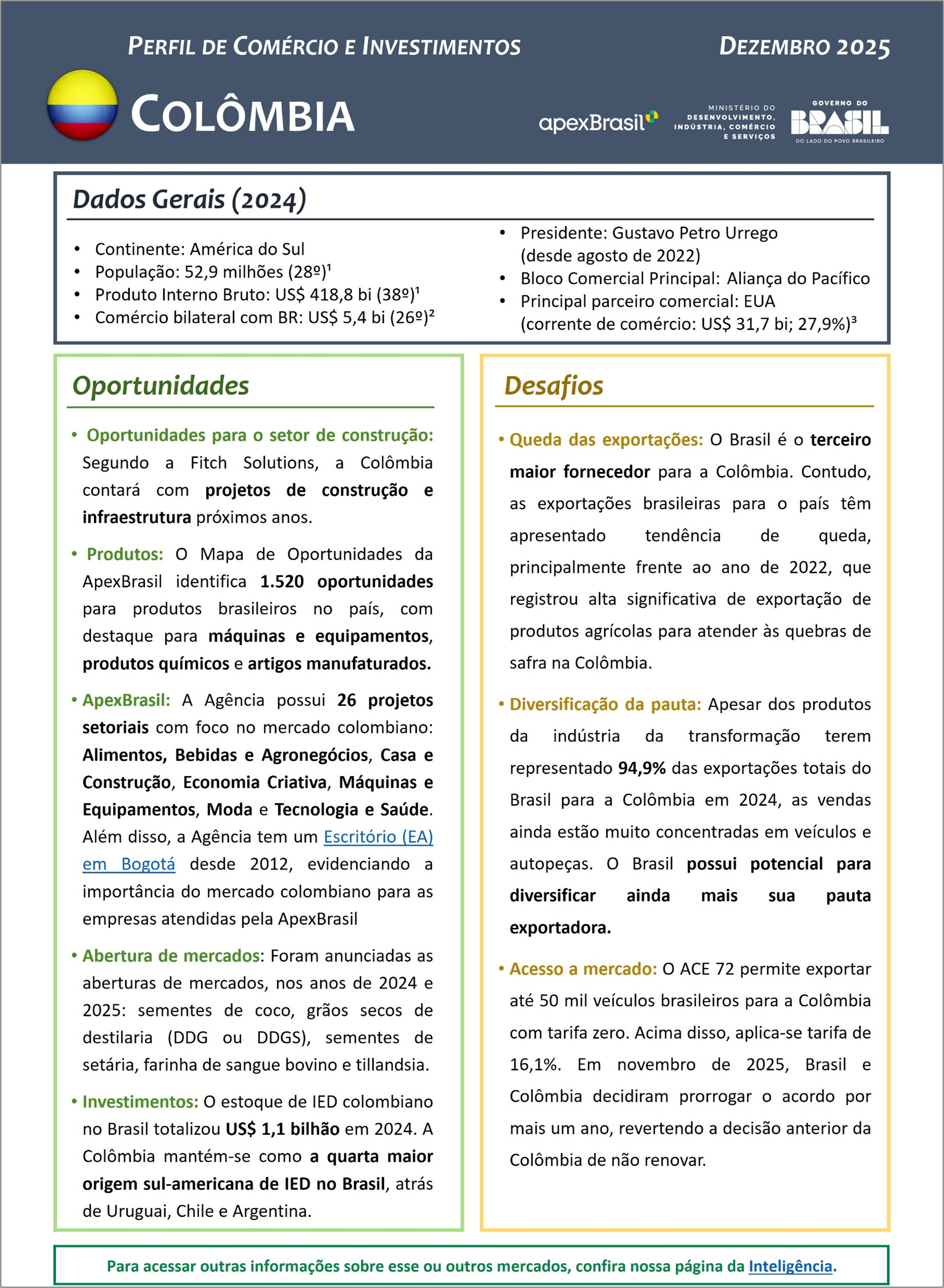 PERFIL DE COMÉRCIO E INVESTIMENTOS - COLÔMBIA - 2025
