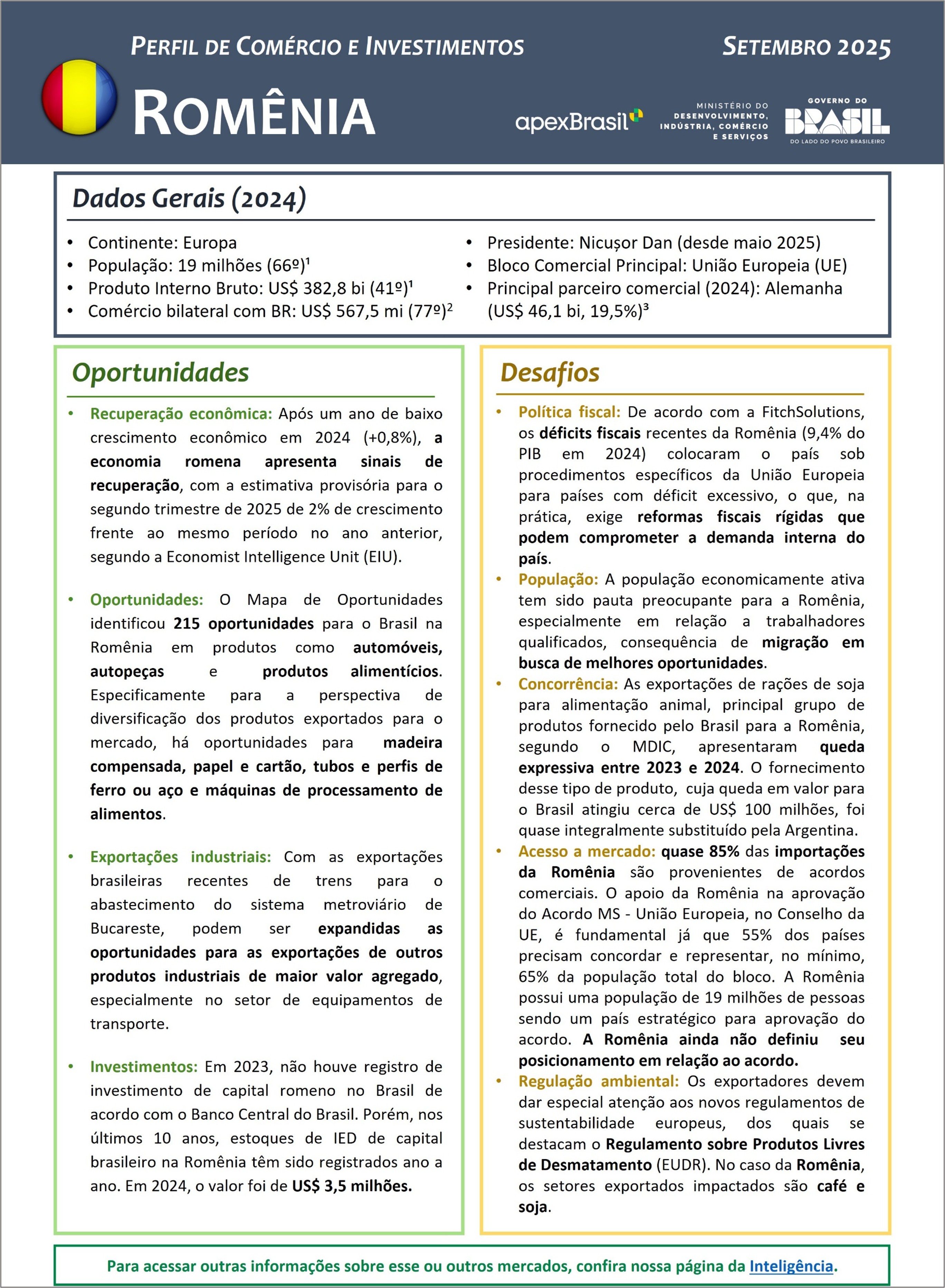 PERFIL DE COMÉRCIO E INVESTIMENTOS - ROMÊNIA - 2025
