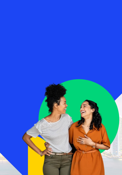 Banner com fundo colorido, destacando duas mulheres sorrindo e se abraçando